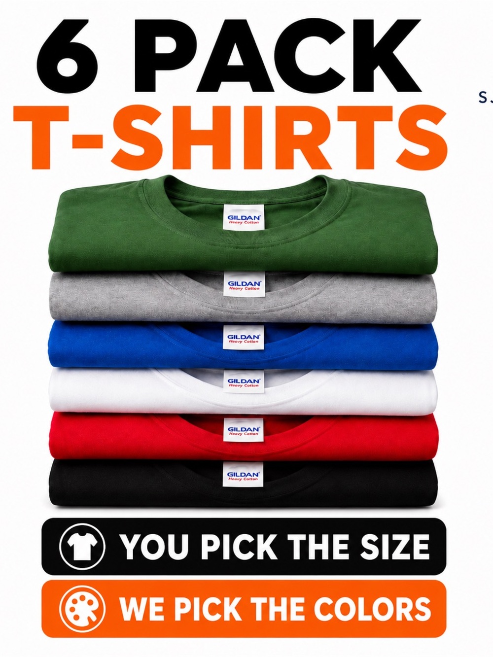6 Pack Gildan Heavy Cotton T-Shirts - You Pick Size, We Pick Colors